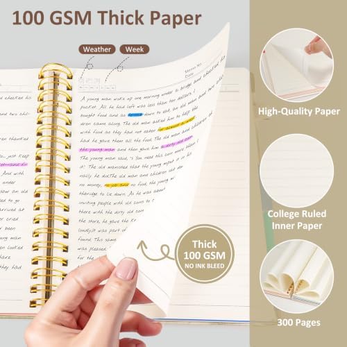 Hardcover Spiral Notebook Journal, 8"x10" Large B5 Notebooks with Removable Dividers Tabs, 300 Pages Leather 5 Subject Notebook College Ruled, Lined Journal for Women Work School Note Taking, White