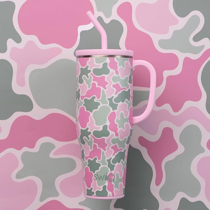 Swig Life 40oz Leak Proof Mega Mug, 40oz Leak Proof Tumbler with Handle and Straw, Extra Large Insulated Tumblers, Cup Holder Friendly Travel Mug, Reusable Leakproof Water Bottle (Blushing Camo)