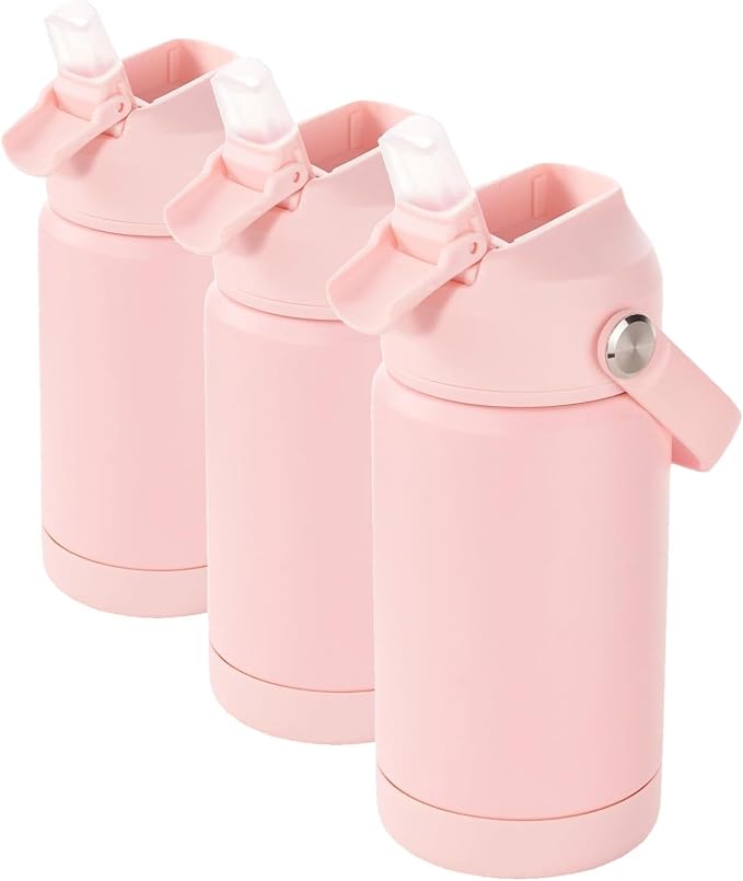 Kerilyn 12oz Kids Water Bottle, Stainless Steel Insulated Water Bottle for Kids, Toddler Cup With Straws Leak-proof, Toddler Water Bottles for School Boys Girls, BPA Free, Pink (Pack of 3)