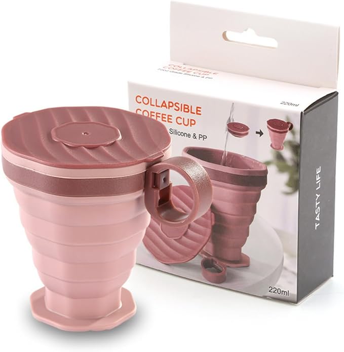 Portable Collapsible Coffee Cup Foldable Silicone Travel Mug with Lid & Carry Cord Leak-Resistant Heatproof & Easy to CleanIncludes 2 Cups (1 Gray + 1 Pink) (1 Grey+1 Pink)