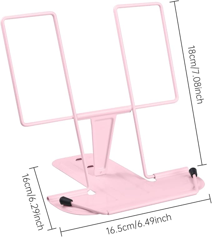 MSDADA Metal Book Stand for Desk, Adjustable Reading Rest Book Holder, Portable Cookbook Documents Holder, Sturdy Typing Stand for Recipes Textbooks Tablet Music Books with Page Clips (Macaron Pink)