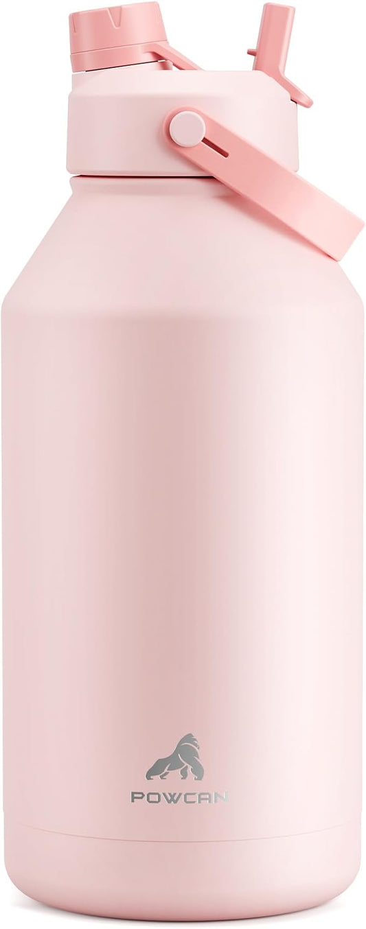 POWCAN 64 oz Insulated Water Bottle with 2-in-1 Straw and Spout Lid, Keep Cold 24H, Leak-Proof, BPA-Free, Double Wall Stainless Steel Water Bottle for Sports, Gym, Travel, and School (Cotton Candy)
