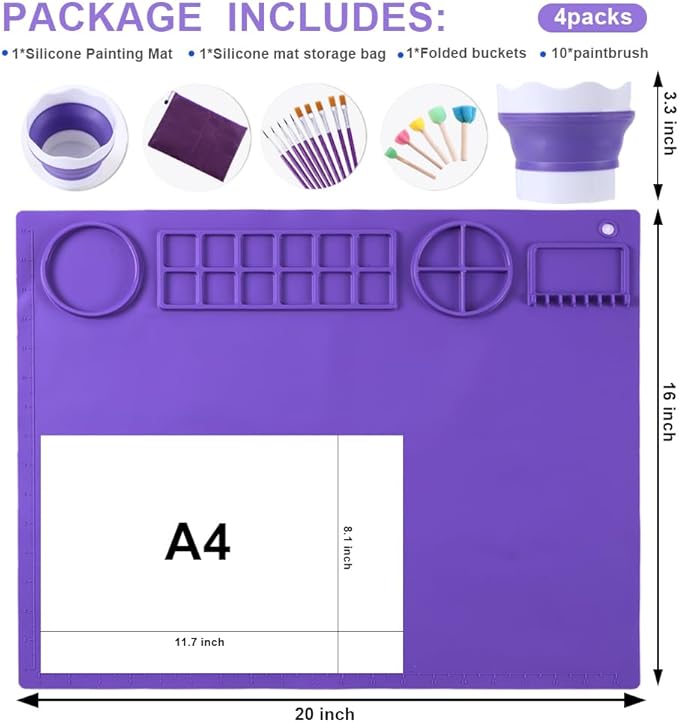 DIYDEC Silicone Art Mat 20x16 Inch - Large Silicone Painting Mat with Detachable Cup, 10 Painting Brushes, 5 Sponge Brushes - Kids & Adult DIY Accessories (Purple)