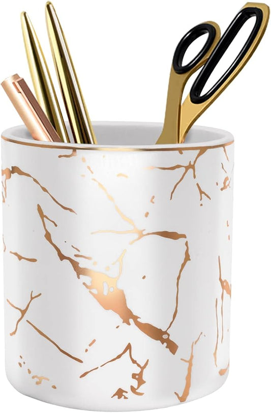 Pen Pencil Holder for Desk, Pencil Cup, Pen Pencil Stand Holder for Desk, Office Desk Organizer for Men Women Kids Ceramic Marble Makeup Brush Holder, White (Upgrade Style)