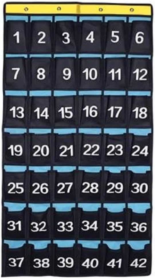 Numbered Pocket Chart Over Door Hanging Classroom Organizer for Cell Phones Calculators Holders Blue (42 Pockets)