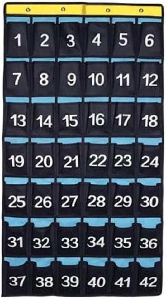 Numbered Pocket Chart Over Door Hanging Classroom Organizer for Cell Phones Calculators Holders Blue (42 Pockets)