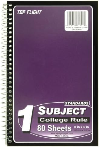 Top Flight Standards 1-Subject Wirebound Notebook, No Holes, 80 Sheets, College Rule, 8 x 5 Inches, 1 Notebook, Color May Vary (33107)