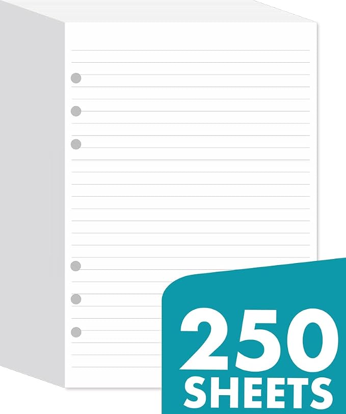 A5 Lined Paper 6-Hole Punched, 250 Sheets (500 Pages), Compatible with Filofax A5 Organizer, 100gsm, White