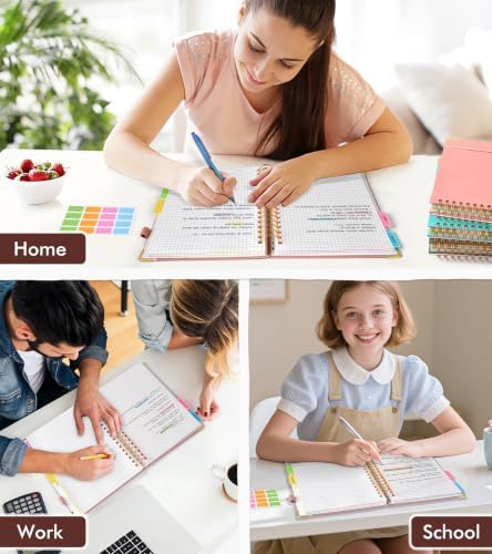 5 Subject Graph Paper Notebook with Removable Dividers Tabs, 300 Pages Hardcover Leather Grid Spiral Journal, 8"x10" B5 Large Graphing Notebooks for Women Men Work School College Engineering, Pink