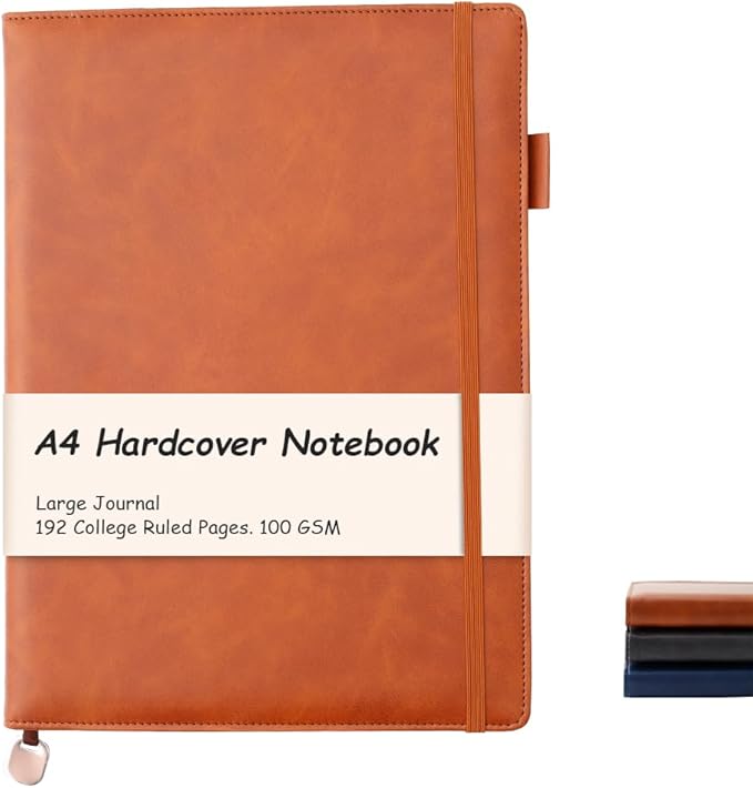 King Mills Hardcover Notebook 8.5 X 11 Inches, A4 Notebook Hardcover with Pen Loop, 192 Pages, 100GSM Premium Paper, A4 College Ruled Notebook w. PU Leather Cover, Brown