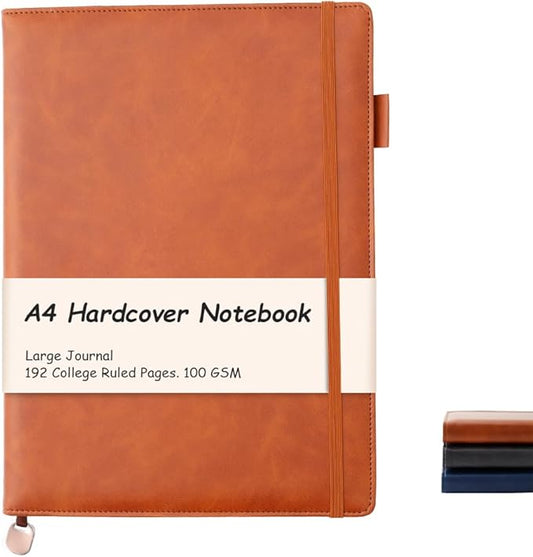King Mills Hardcover Notebook 8.5 X 11 Inches, A4 Notebook Hardcover with Pen Loop, 192 Pages, 100GSM Premium Paper, A4 College Ruled Notebook w. PU Leather Cover, Brown