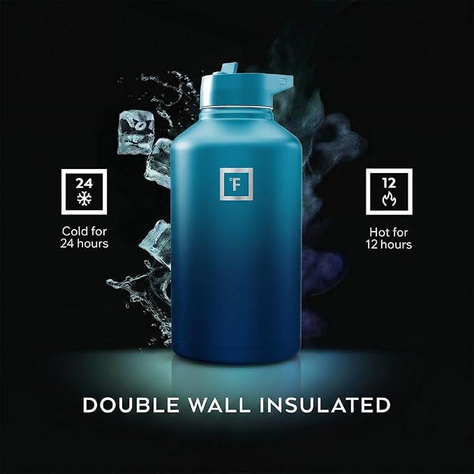 IRON °FLASK 64 oz Wide Mouth Water Bottle with Straw | Insulated Half Gallon Water Bottle with Leakproof Straw Lid - BPA Free, Cold 24 Hrs, Sweat Free (Dark Night)