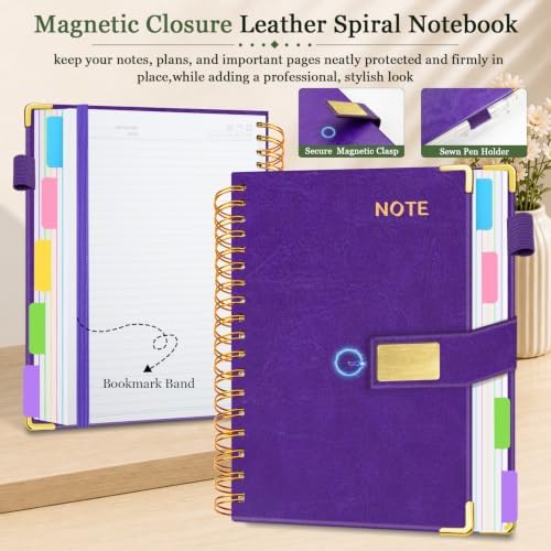 Hardcover Spiral Notebook 8.5''x 11'' College Ruled Notebook with Magnetic Closure, 300 Pages 5 Subject Notebooks with Pocket Dividers for Work School, A4 Leather Journal for Women, Men (Purple)