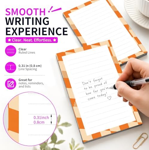 Lined Sticky Notes 4x6 in, 2 Pack Large Cute Notepads with Lines Self-Stick Note Pad, Funny Memo Pads Strong Adhesive for Office, Home Orange Cute Plaid