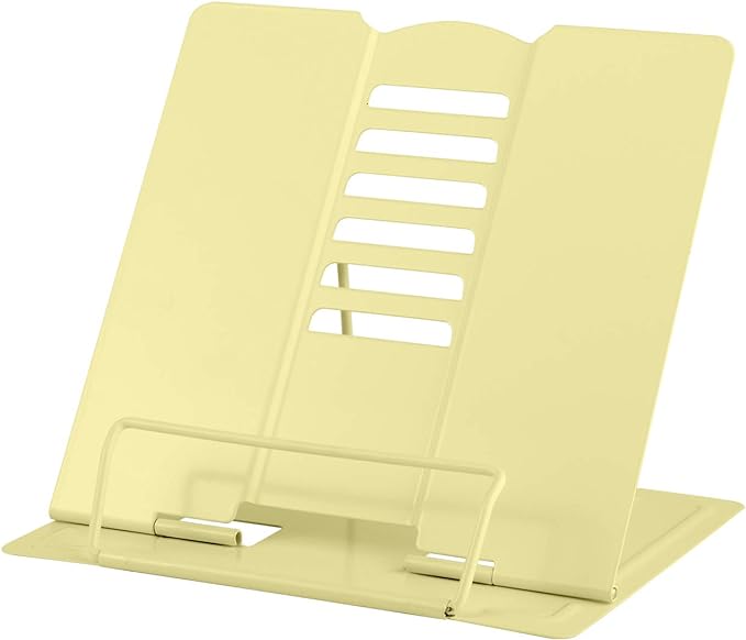 MSDADA Desk Book Stand Metal Reading Rest Book Holder Adjustable Cookbook Documents Holder Portable Sturdy Bookstands for Recipes Textbooks Tablet Music Books with Page Clips (Light Yellow)