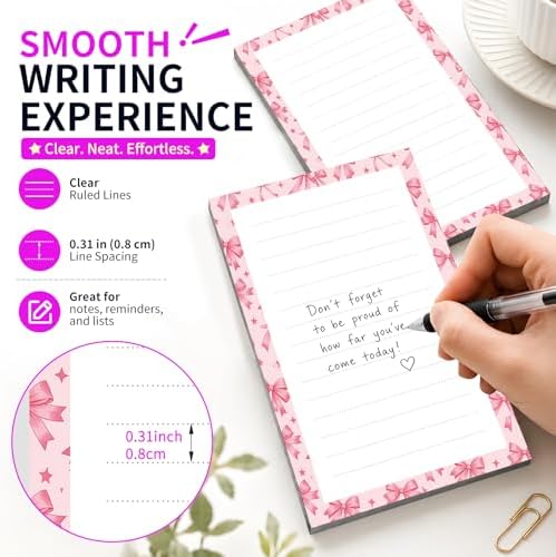Lined Sticky Notes 4x6 in, 2 Pack Large Cute Notepads with Lines Self-Stick Note Pad, Funny Memo Pads Strong Adhesive for Office, Home Pink Cute Bowties