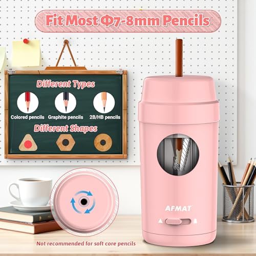 AFMAT Electric Pencil Sharpener, Auto in & Out, Fully Automatic Pencil Sharpener for Colored Pencils, Rechargeable Hands-Free Sharpeners for φ7-8mm Pencils, Good for Classroom/Home PSX8(Light Pink)