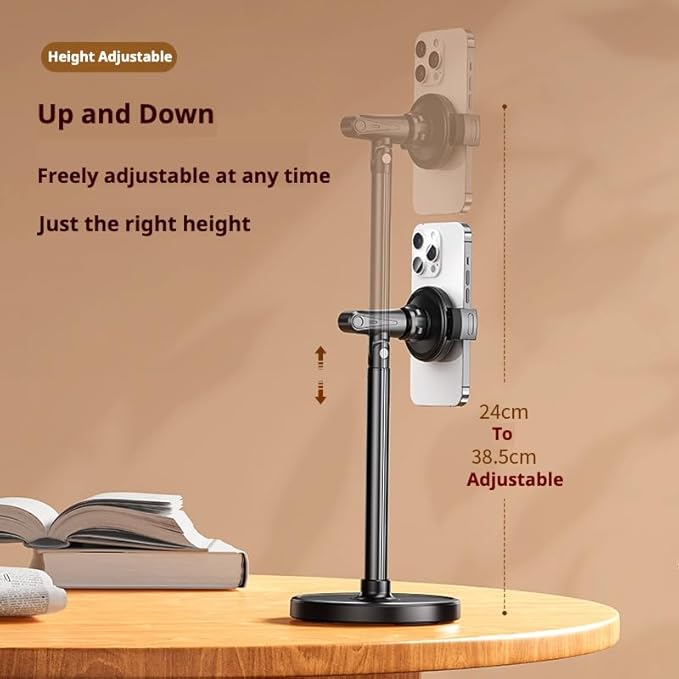 Height Adjustable Phone Stand for Desk, Retractable Desktop Phone Holder, 180° Flip & 360° Rotation Design，Compatible with iPhone/Android Devices,Ideal for Live Streaming and Video Recording (White)
