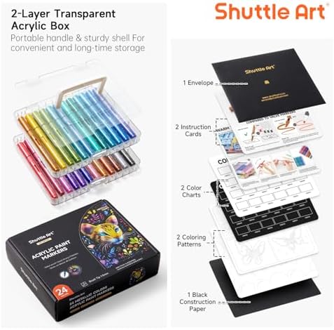 Shuttle Art Automatic Ink Control Acrylic Paint Markers, 24 Metallic Colors Brush Tip Acrylic Paint Pens for Rock Painting, Ceramic, Wood, Canvas, Glass, Stone, Fabric, Card, DIY Football Crafts
