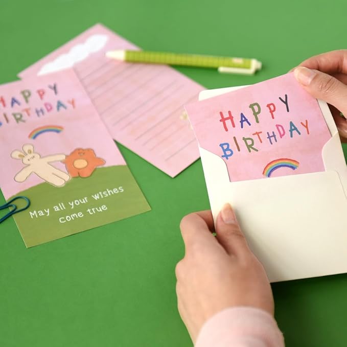 Monolike Unmatched Friends Happy Birthday Mini Letter Paper and Envelopes Set - 8Type, 32 Letter Paper + 16 Envelopes