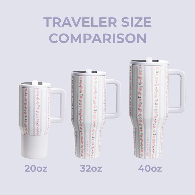 HydroJug Traveler - 40 oz Water Bottle with Handle & Flip Straw - Fits in Cup Holder, Leak Resistant Tumbler-Reusable Insulated Stainless Steel & Rubber Base - Gifts for Women & Men, Primrose