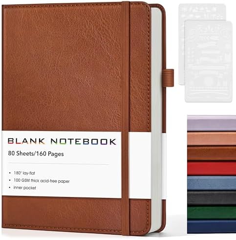 Journal Notebook, A5 Leather Hardcover Blank Sketchbook, 160 Pages, 180° Lay-Flat Binding, 100 GSM Thick Paper, for Sketching, Drawing, Art Journaling & Creative Writing (Brown)