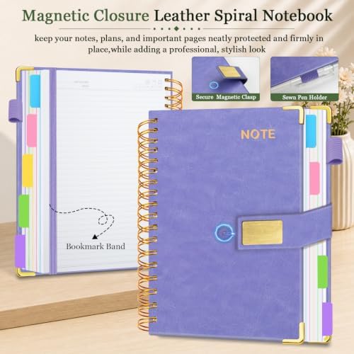 Hardcover Spiral Notebook 8''x 10'' College Ruled Notebook with Magnetic Closure, 300 Pages 5 Subject Notebooks with Pocket Dividers for Work School, B5 Leather Journal for Women, Men (Lilac Purple)