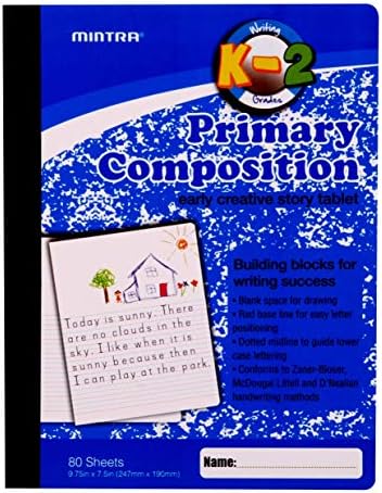 Mintra Primary Composition Notebook, 4 Pack, Blue Cover, 80 Sheets, 7.5in x 9.75in, 1/2 Sheet, Ruled with Drawing Area, Flexible Hardcover Journal, Grades K-2, School & Home Use