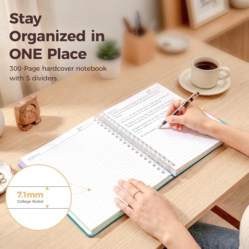 Hardcover Spiral Notebook Journal for Women & Men, Cute 5 Subject Notebook College Ruled for School & Work, Journaling Notebooks with Removable Dividers Tabs, 8" x 10", 300 Pages, Teal Gradient