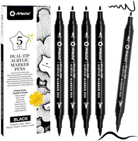 Artecho Dual Tip Acrylic Paint Pen Black 5pcs set-Fine Tip and Brush Tip