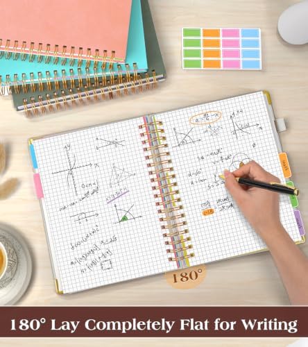 5 Subject Graph Paper Notebook with Removable Dividers Tabs, 300 Pages Hardcover Leather Grid Spiral Journal, 8"x10" B5 Large Graphing Notebooks for Women Men Work School College Engineering, White