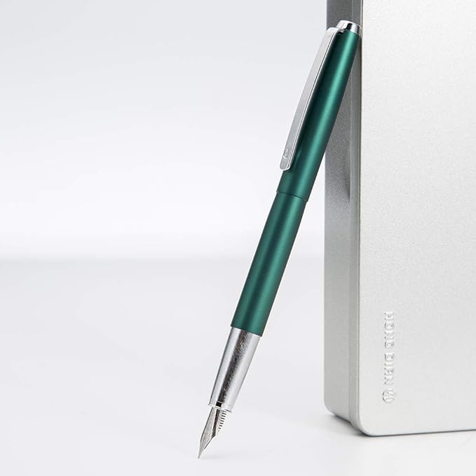 HongDian 525 Green Metal Fountain Pen Bent Nib, Calligraphy Fude Pen 0.6mm with Converter and Metal Box Set
