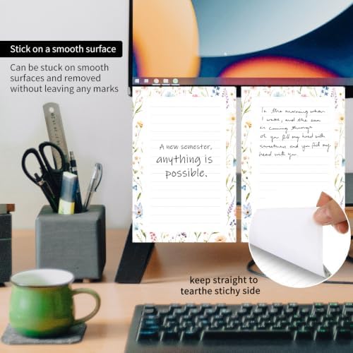 2 Pack Lined Sticky Notes 4x6 in, Cute Self-Stick Notepads with Lines, Large Memo Pads Strong Adhesive for Office, Home Watercolor Boho Flowers