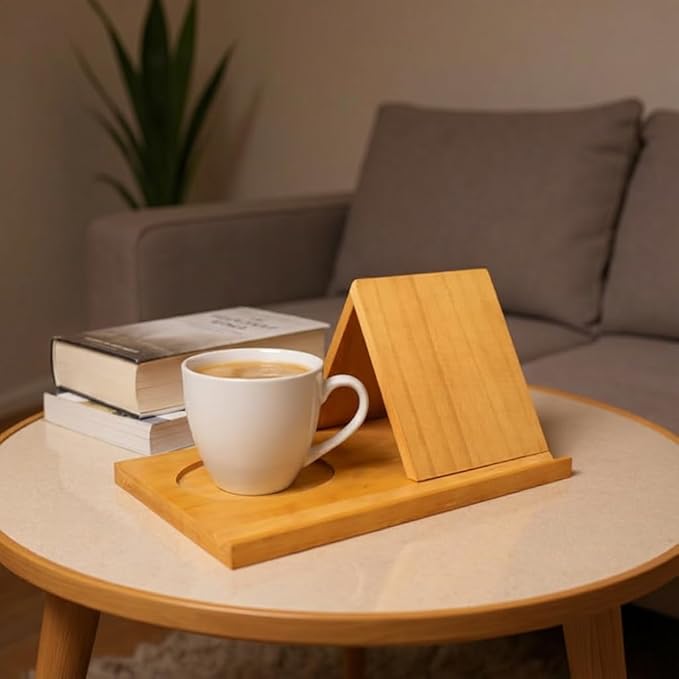 DIY Wooden Book Holder Stand with Drink Holder, Reading Rest Book Display for Desk, Bedside Gift for Book and Coffee Lovers- Brown