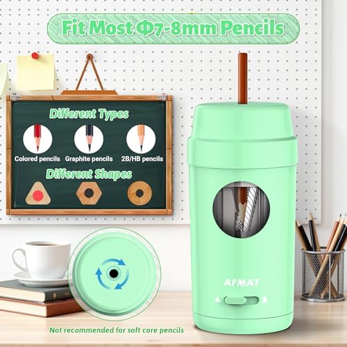 AFMAT Electric Pencil Sharpener, Auto in & Out, Fully Automatic Pencil Sharpener for Colored Pencils, Rechargeable Hands-Free Sharpeners for φ7-8mm Pencils, Good for Classroom/Home PSX8(Light Green)