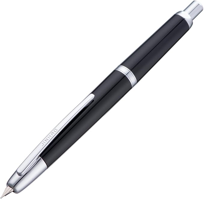 Jinhao 20 Press Fountain Pen, Piano Black Retractable Medium Nib with Ink Converter Set (Silver Clip)