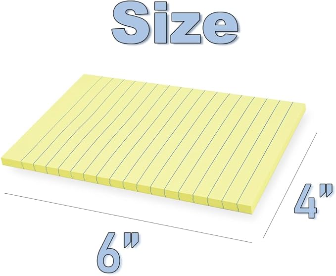 (12 Pack) Lined Sticky Notes 4x6 in,Yellow Large Notepads with Lines,Ruled Stickies Super Sticking Power,Office School Memo Note Pads,Post on Windows Doors,Recyclable,Easy to Write on,Hold Well