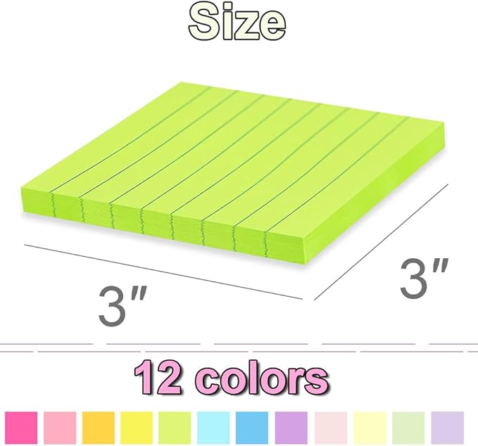 (12 Pack) Lined Sticky Notes 3x3 in,Notepads with Lines,Ruled Stickies Super Sticking Power,Office School Memo Note Pads Bright Colors,Post on Windows Doors,Recyclable,Easy to Write on