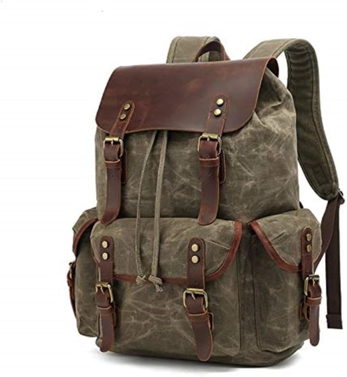 Genuine Leather Canvas waxed Backpack Travel Rucksack Laptop Bag Army Green