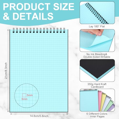 Engrowtic 6 Pack Graph Paper Spiral Notebook A5,Black(internal Mixed)