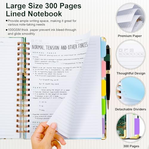 Spiral Journal Notebooks for Work, 300 Pages 5 Subject Notebook College Ruled with Dividers & Tabs, A4 Notebook Journal for Women Students Note-Taking and Organizer (Teal Luxe Marble)