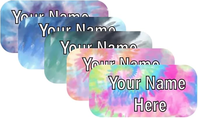 Personalized Waterproof Name Labels Press and Stick Custom Name Stick on Clothing Labels. Customized Up to 3 Lines Great for Camp & Daycare (Tie Dye Mix)