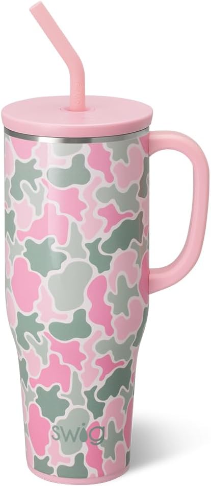 Swig Life 40oz Leak Proof Mega Mug, 40oz Leak Proof Tumbler with Handle and Straw, Extra Large Insulated Tumblers, Cup Holder Friendly Travel Mug, Reusable Leakproof Water Bottle (Blushing Camo)