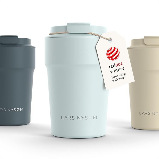 LARS NYSØM Thermo Coffee Mug to go 13oz | Travel Mug 0.38 Liter with Insulation | Silicone grip base | Leak Proof Stainless Steel Tumbler for Coffee and Tea on the Go (Powder Misty Blue, 13oz)