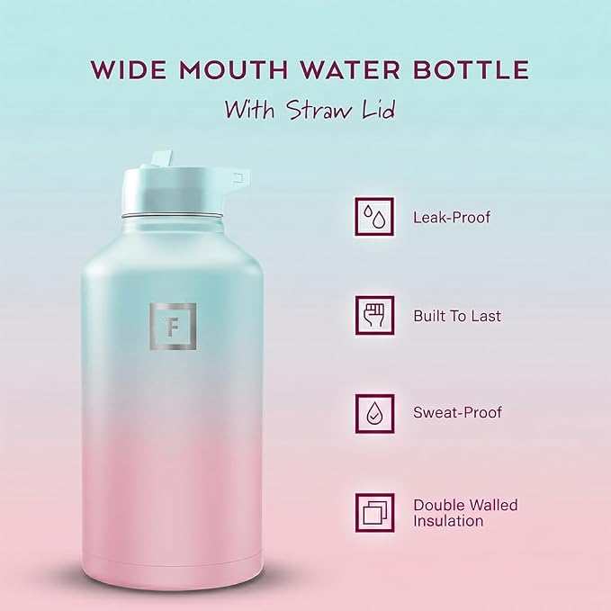 IRON °FLASK 64 oz Wide Mouth Water Bottle with Straw | Insulated Half Gallon Water Bottle with Leakproof Straw Lid - BPA Free, Cold 24 Hrs, Sweat Free (Bubble Gum)