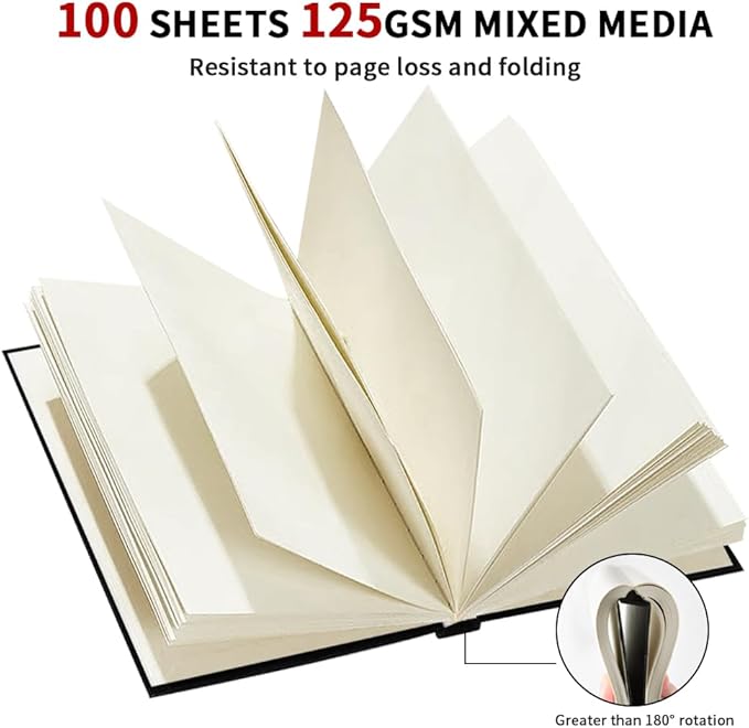 E-WEICHEN Mixed Media Sketch Pad, 4 x 6 inches 125 GSM (100 Sheets/200 Pages) Sketchbook for Drawing, Hardcover Mix Media Art Sketchbook for Wet and Dry Media,Painting,Drawing. 4X6