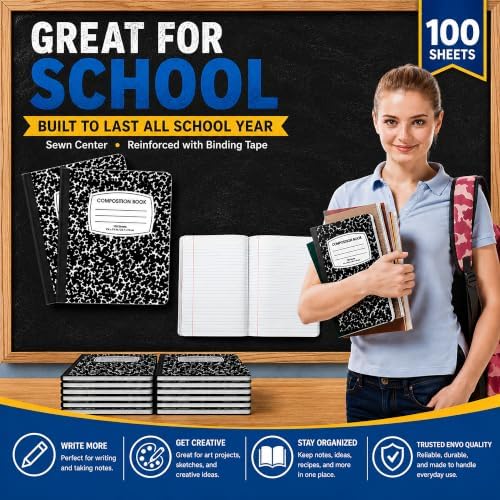 ENVO Composition Notebooks, Wide Ruled Composition Notebook, Black Marble Covers Composition Notebook, 100 sheets (24 Pack, Wide Ruled)