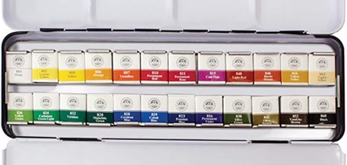MUNGYO Professional Half Pan Size Water Colors Set in Tin Case/Integral Mixing Palette in The lid (24 Colors)