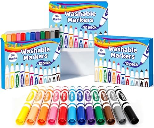 Washable Markers Bulk (36 Count, 3 Box), Broad Line Markers for Kids with Conical Tip, Assorted Colors, Drawing Essentials for School Classroom, Student Must Have for Coloring Book, Art Craft Supplies