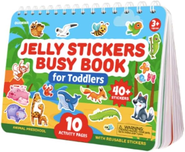 QUOKKA Jelly Sticker Books for Toddlers 1-3, 10 Animal Topics, 40+ Large Thick Reusable Stickers, Waterproof Washable Toddler Activity Busy Book, Learning Toys for Shapes Colors Matching Animals